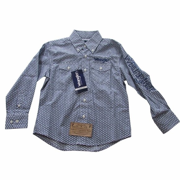 Wrangler Men's Long Logo Sleeve Geo Print Snap Western Shirt Blue/White - Picture 2 of 3